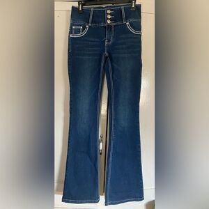 High-Rise Dark Indigo Flare Jeans with Triple Button Detail